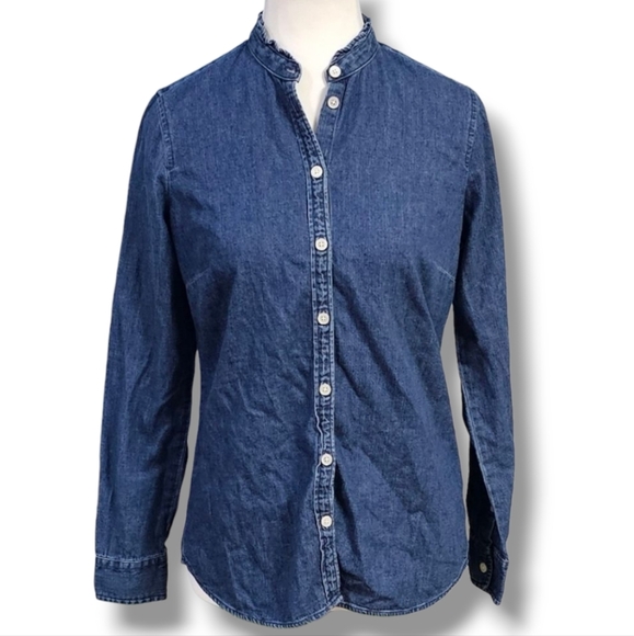 J. CREW | 100% COTTON DENIM RUFFLE NECK BUTTON DOWN BOYFRIEND SHIRT - Picture 3 of 16